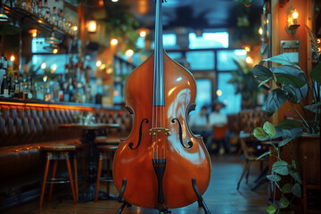 Sfondo bohemienne di un locale con bar, luci colorate e piante con contrabbasso in primo piano nei colori caldi di un tardo pomeriggio estivo