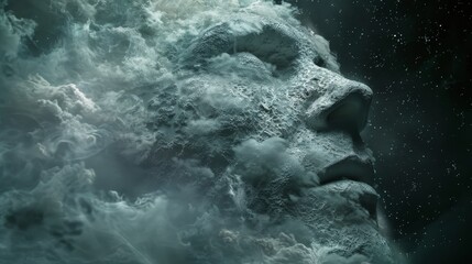 The face of a giant emerges from the clouds. Its eyes are closed, and its expression is serene. The face is surrounded by a swirling mist, which gives it an ethereal appearance.