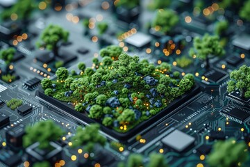 A close-up of a circuit board with tiny trees and greenery, symbolizing the concept of green technology and eco-friendly innovations in electronics.