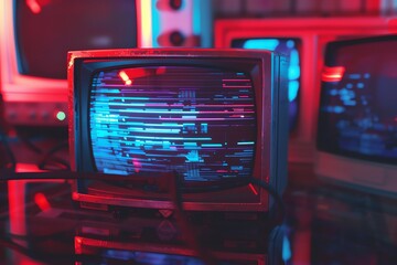 Obraz premium A vintage VHS effect showcasing footage with grainy visuals and static noise The distorted colors and scan lines reflect the nostalgic charm of oldschool technology, emphasizing a vintage appeal
