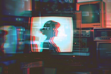 Obraz premium A VHS effect featuring grainy video footage with visible scan lines The distorted visuals and muted colors reflect the nostalgic charm of retro technology, evoking the vintage appeal of oldschool vide