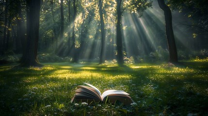 A sunlit forest clearing reveals an open book resting on the grass, pages fluttering in the breeze.