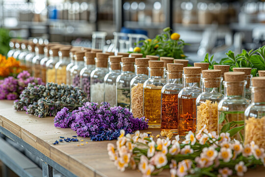 Perfume workshop setting with various natural ingredients, beakers, and glass jars filled with botanicals