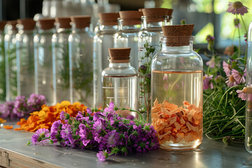 Perfume workshop setting with various natural ingredients, beakers, and glass jars filled with botanicals