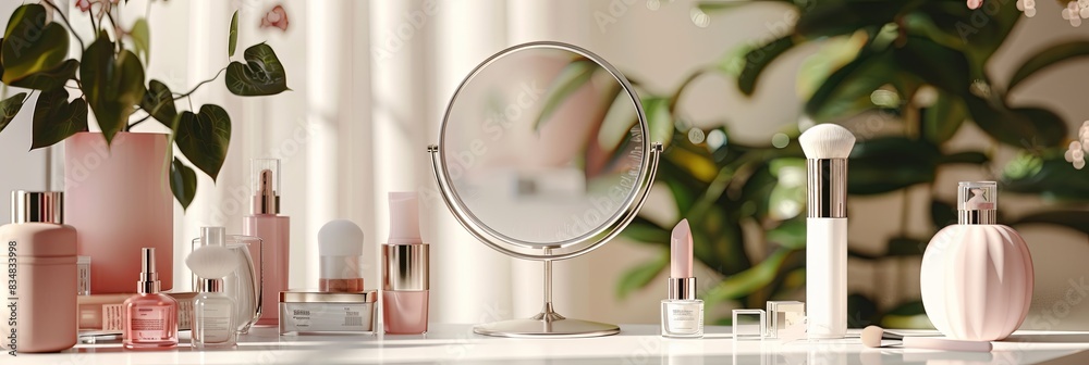 Poster A closeup of a vanity tabletop with a mirror surrounded by various cosmetic products. The setting is elegant and bright, inviting viewers to discover the products. Generative AI