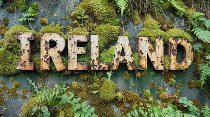 A rusty metal sign spelling IRELAND overgrown with moss and ferns on a green background