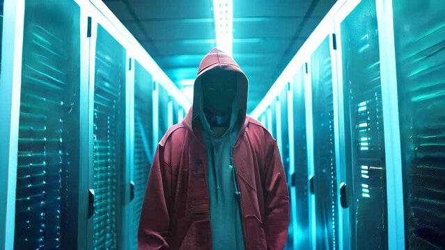 Anonymous hacker in a server room, unauthorized data download and privacy concern concept