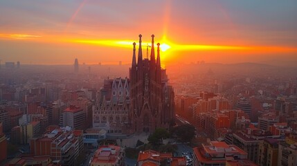 Breathtaking sunset view over Barcelona with the iconic Sagrada Familia cathedral standing out against the cityscape - Powered by Adobe