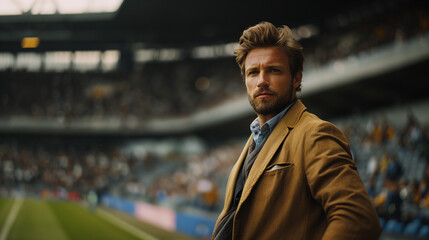 Fototapeta premium Portrait of a professional German manager in a brown coat standing confidently in a stadium, focused expression, under overcast skies.