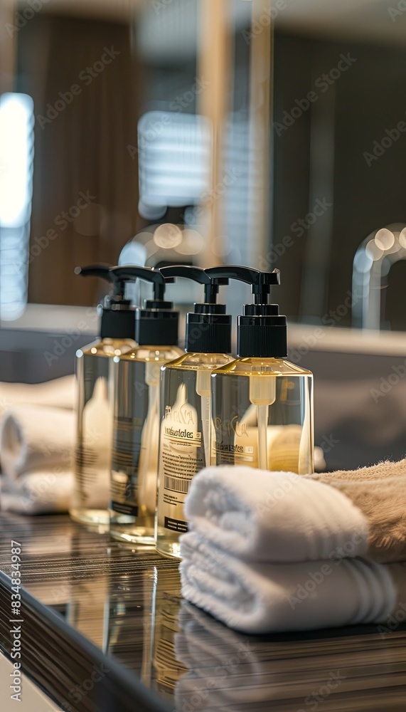 Aufkleber close-up of stylish bottles of shampoo and conditioner on a bathroom countertop, with towels. genera