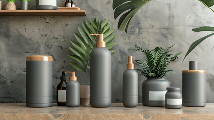 A 3D render of a set of hair care products including shampoo, conditioner, and hair serum