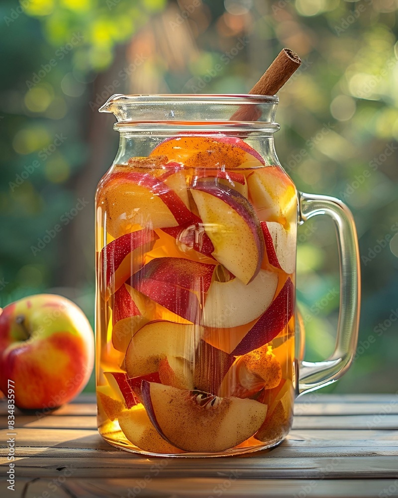 Wall mural AI generated illustration of  a pitcher with assorted fruit slices beside an apple