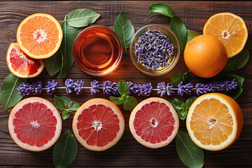 Variety of natural perfume ingredients including lavender, rose petals, and citrus fruits arranged on a wooden table