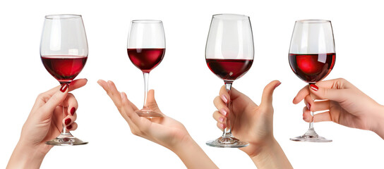 Set of elegant female hands holding glasses of red wine, cut out
