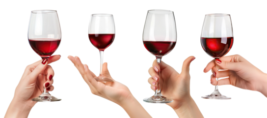 Set of elegant female hands holding glasses of red wine, cut out