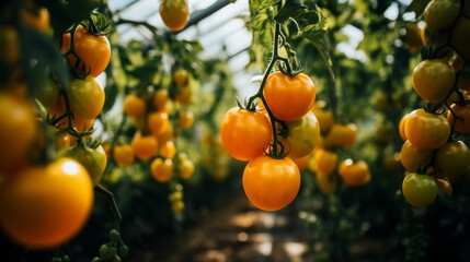 Ripe Yellow Tomatoes Dangling On The Vine, Ready For Harvest. Generative AI