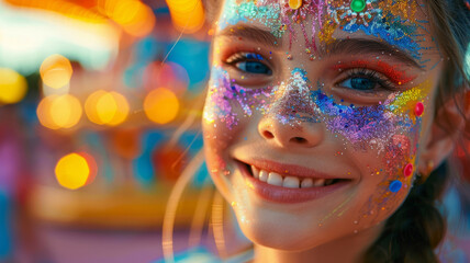 Young girl with glitter face paint smiling at a carnival.