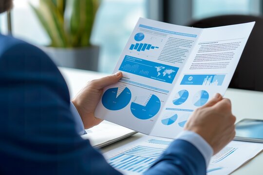 A person sitting at a table, deeply focused on reading a business brochure.