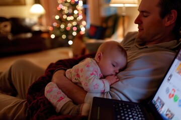 A man peacefully holds a sleeping baby while checking emails on his laptop.