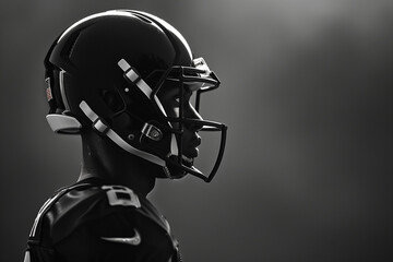 The African American football player stands in profile, his helmet slightly tilted forward, showing the intensity in his eyes. Dramatic lighting from above casts sharp shadows, emp