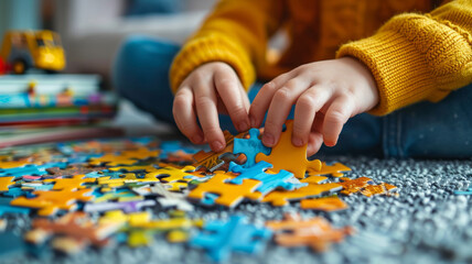 Child's hands playing with jigsaw puzzle pieces on floor.