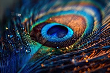 Fototapeta premium Close-up view showcasing the intricate patterns and vibrant colors of a peacocks feathers.