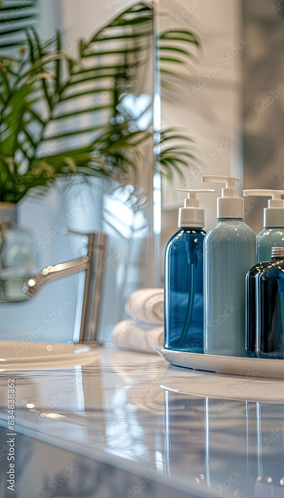 Poster Close-up of elegant shampoo and conditioner bottles arranged on a bathroom counter. Generative AI