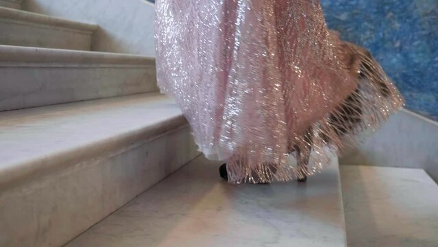 Girl in Long Dress Climbs Marble Villa Stairs