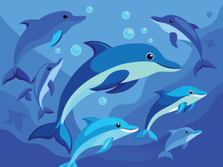 Obraz premium Cartoon drawing dolphins in the seascape-