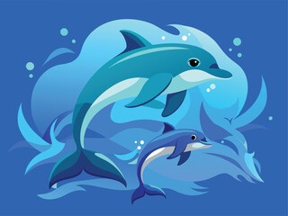Obraz premium Cartoon drawing dolphins in the seascape-