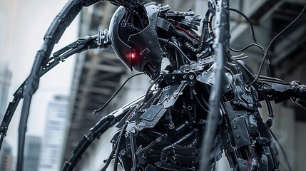 Futuristic Spider-Like Robot with Red Eye in Urban Setting