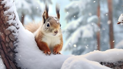 Red squirrel sitting in snow covered pine tree