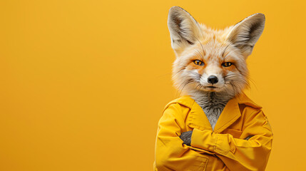 Obraz premium A photo of a fox in a yellow coat on a yellow background.