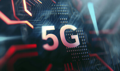 Close-up of a 5G technology concept, featuring digital circuitry and the bold "5G" text, highlighting the next-generation network and high-speed connectivity