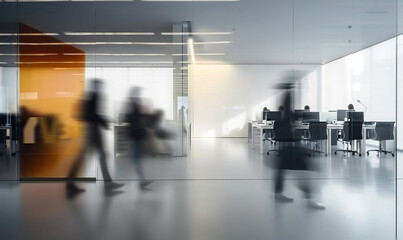 Obraz premium Modern office background interior with glass walls, blurred people, and natural light