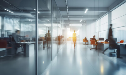 Modern office background  with people walking in motion blur, glass partitions, and natural light