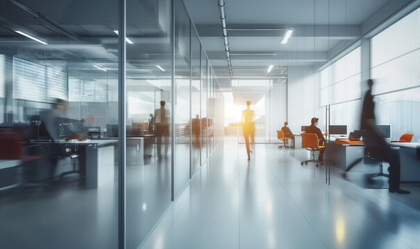 Modern office background  with people walking in motion blur, glass partitions, and natural light