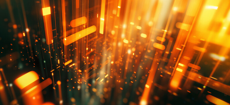 Abstract background with vibrant orange light streaks and geometric shapes, symbolizing data and information flow in a digital and futuristic context