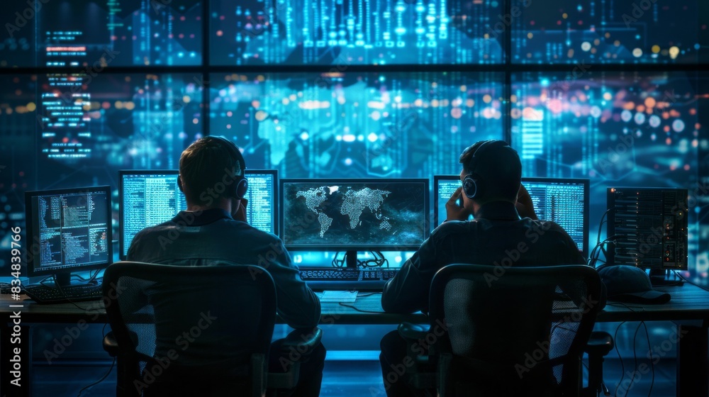 Aufkleber Two men are sitting at a computer desk with monitors in front of them