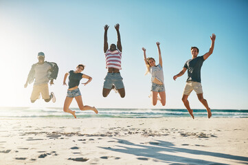 Beach, diversity and group of friends jumping in sky for summer holiday with happiness, youth and...