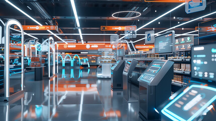 futuristic digital store with interactive kiosks, holographic displays and self-checkout counters supermarket with shelves filled with products