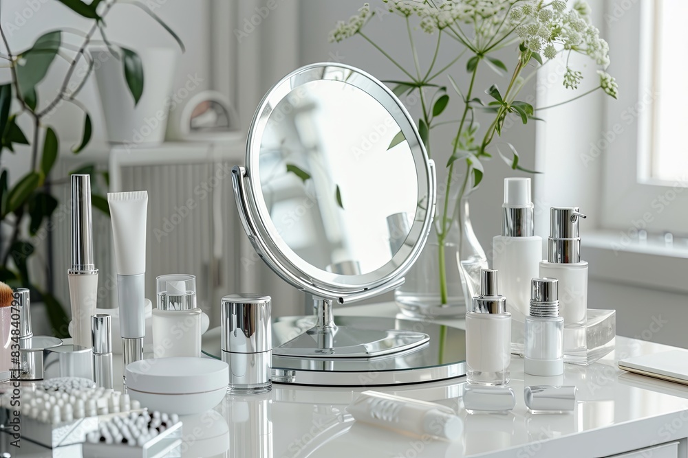Poster a white vanity tabletop with a round mirror and various cosmetic products in bottles and jars. gener