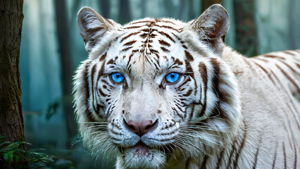 white tiger portrait with piercing blue eyes in a mystical forest © Ozgurluk Design