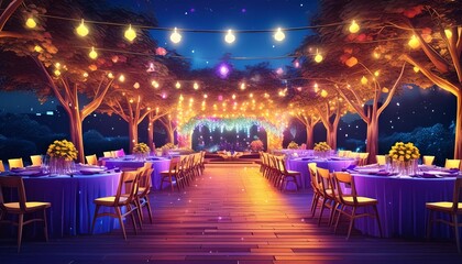 Magical outdoor wedding reception with purple tablecloths, warm string lights, and yellow flowers, creating a romantic, cozy atmosphere.