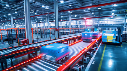 modern warehouse with dynamic technology for fast and accurate storage, fashion printing, moving boxes on a conveyor belt in motion blur