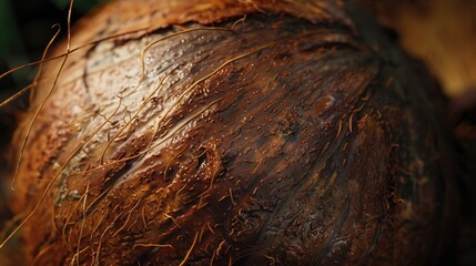 Close up image of a ripe coconut with a tough brown shell