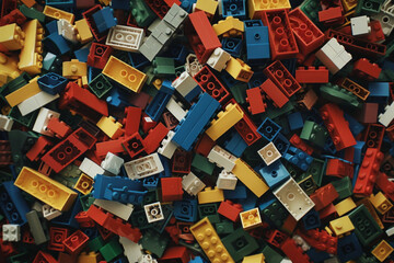 Obraz premium A chaotic yet colorful jumble of toy bricks, tightly packed to fill the entire frame. The bricks come in various sizes and an array of colors including red, blue, green, yellow, and white,