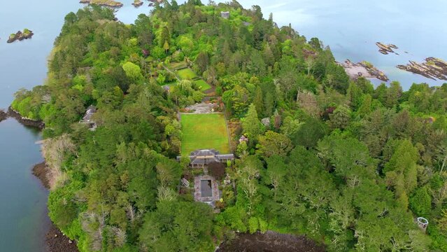 Ireland Epic locations drone flyover of beautiful Garnish Island,romantic gardens on a little island in Bantry Bay in West Cork the beauty of the Wild Atlantic Way