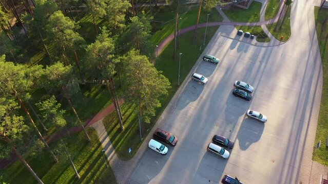 Parking Lot and Trees at Janis Dalins Stadium in aerial view, Valmiera, Latvia
