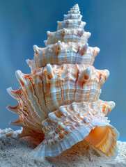 Obraz premium Close-up of a seashell on the sand with a blue background.